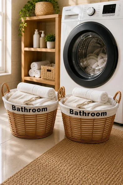 2 Adet Kulplu Banyo Sepeti Çamaşır Toplama ve Düzenleme Sepeti Kumaş Astarlı Banyo Organizeri ürün görseli 1