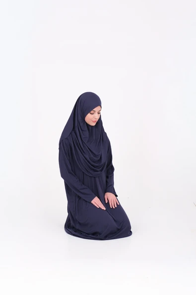 Tek Parça Namaz Elbisesi Boydan Giymeli Lacivert Çantalı - Resim 6