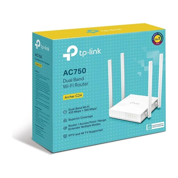 Archer C24, AC750 Mbps, Ebeveyn Denetimleri, All-in-one( Router, Access Point, Range Extender) Modları, Dual-Band Wi-Fi 5 Router ürün görseli 1
