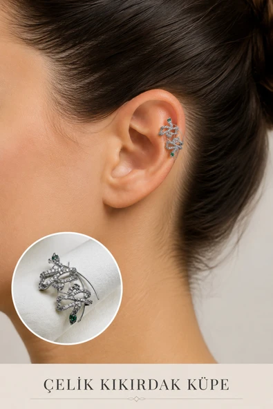 2'li Zirkon Taşlı Detaylı Kıkırdak Küpe/Earcuff/Conch (Delik Gerekmez) ürün görseli 1