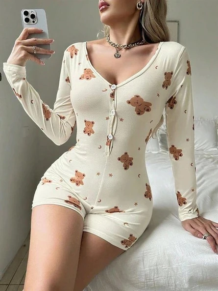 kapsulavm Pamuklu Ekru Ayıcık Desenli Düğmeli Tulum Pijama ürün görseli 1