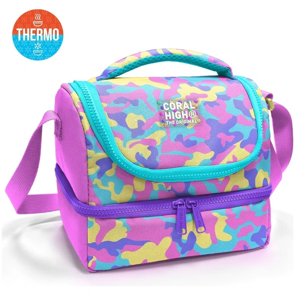 Coral High Kids Pembe Sarı Lavanta Kamuflaj Desenli Thermo Iki Katlı Beslenme Çantası 37201 ürün görseli 1