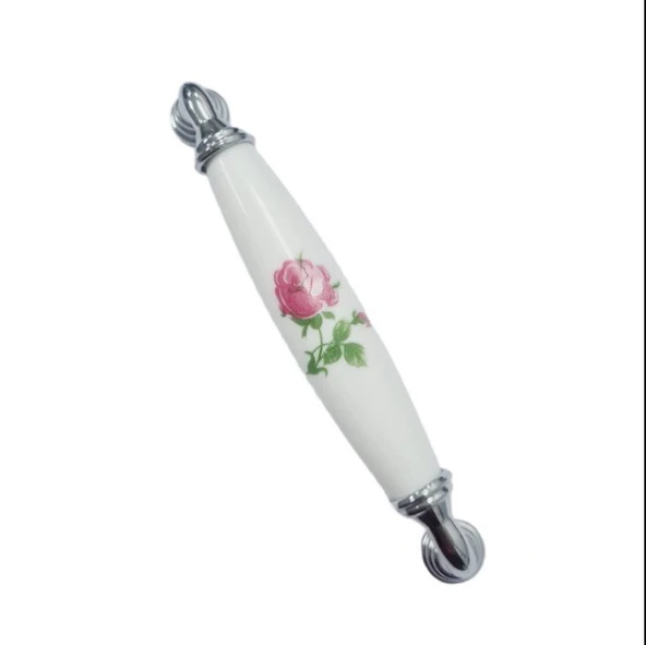 Beyaz Porselen Güllü Kulp krom Ayaklı 128 mm 5’li Set | Dekoratif Mobilya Kulpu ürün görseli 1