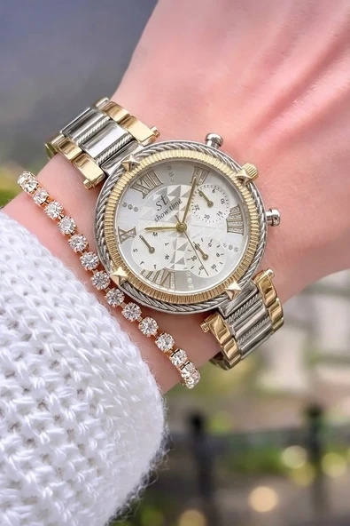 Kadın Kol Saati Takvimli Bileklik Hediyeli Gold Gümüş Çift Renk Çelik Kordon Analog Quartz Şık Lüks Klasik Zarif Kadın Saati Hediye Seçeneği SWT19 ürün görseli 1