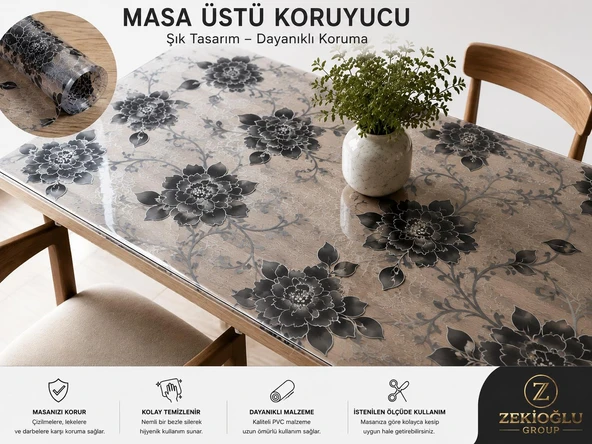 80 CM X 120 CM Masa Üstü Koruyucu Şeffaf Siyah Çiçek Desenli PVC Masa Örtüsü  Silinebilir Koruyucu Kaplama ürün görseli 1