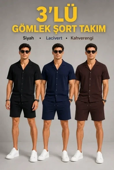Erkek 3’lü Krep Kumaş Cepli Gömlek Şort Takım Kısa Kollu Bağcıklı - Siyah , Lacivert , Kahverengi ürün görseli 1