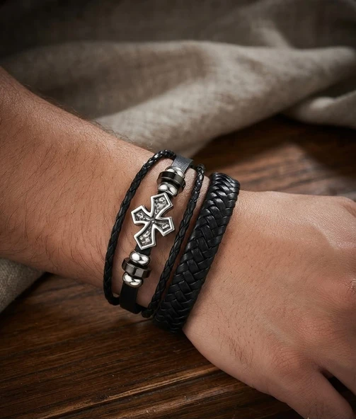 Unisex 2 Li Haç Figürlü PU Deri Bileklik Siyah Örgü Çok Katlı Erkek Kadın Bileklik Ayarlanabilir Kombin Bileklik Punk Rock Gotik Günlük Aksesuar HC0103 ürün görseli 1