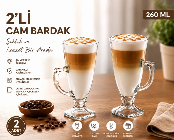Cam Ayaklı Latte Bardağı 2'li Set 260 CC | Şeffaf Kahve Bardağı | Latte, Cappuccino, Macchiato ve Sıcak-Soğuk İçecek Bardağı ürün görseli 1
