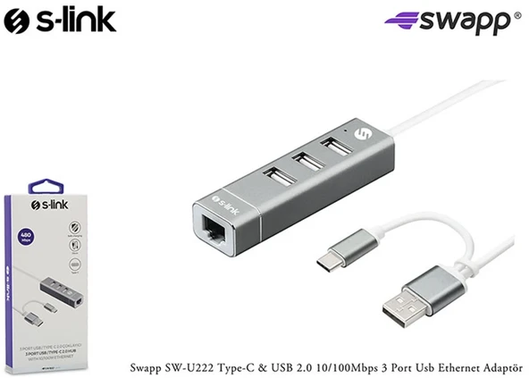 S-link Swapp SW-U222 Type-c Usb 2.0 10-100mbps 3 Port Usb Ethernet Adaptör ürün görseli 1