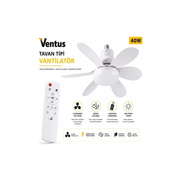 Ventus Sessiz Çalışma 6 Kanat ve Işıklı Uzaktan Kumandalı Tavan Tipi Vantilatör-Tavan Fanı 40W ürün görseli 1