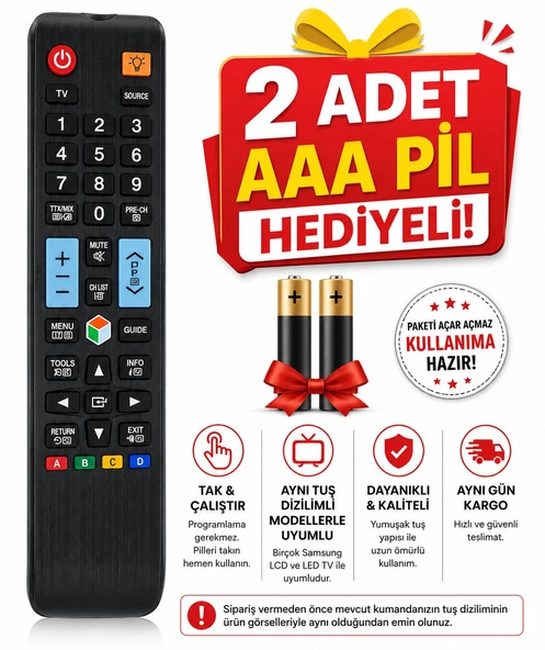 Samsung LCD LED TV Kumandası Tak Çalıştır Kumanda Aynı Tuş Dizilimli Modellerle Uyumlu 2 Adet Pil Hediyeli ürün görseli 1