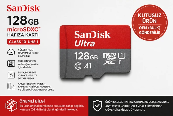 SanDisk 128GB Micro SDXC Hafıza Kartı Class 10 UHS-I 100MB/s OEM (Bulk) Orjinal KUTUSUZ ÜRÜN ürün görseli 1