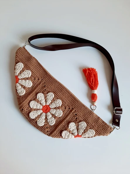 Elchandmade Tığ İşi Örgü Papatya Motifli Bej Freebag Çanta ürün görseli 1