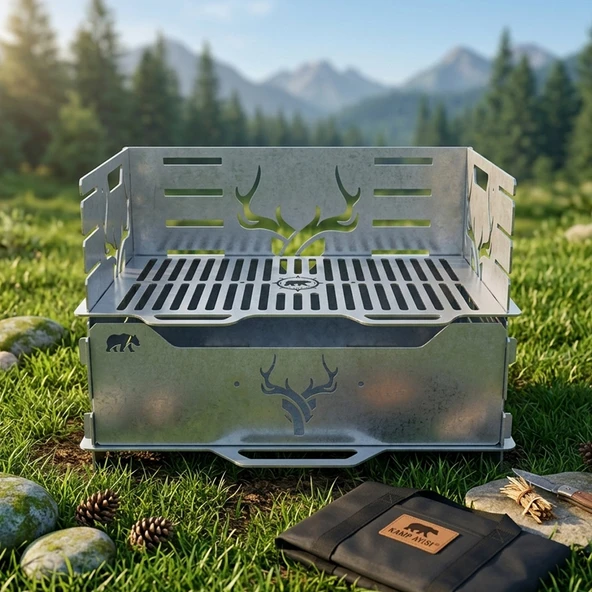 Kamp Ayısı® StagGrill™ Katlanır Ayarlanabilir Paslanmaz Izgaralı Mangal ürün görseli 1
