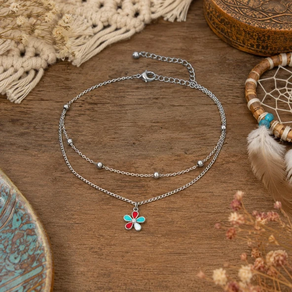 Daisy Bloom Anklet Renkli Papatya Çelik Halhal - Resim 2