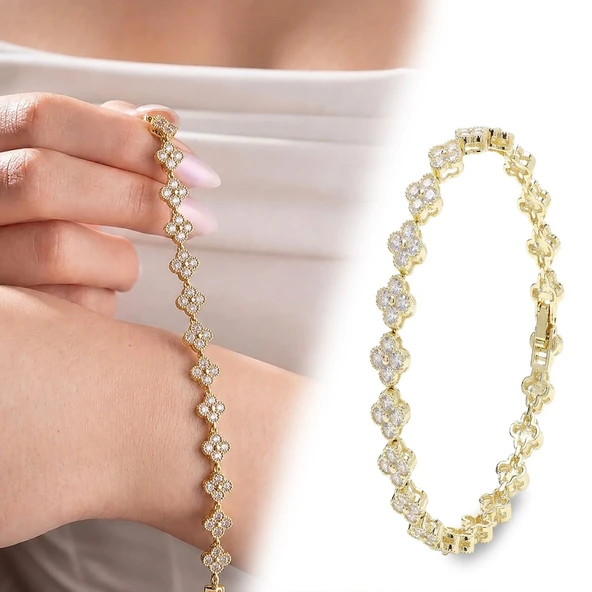 ? Premium Parlak Altın Renk 8 mm Beyaz Zirkon Taş Çiçek Kadın Bijuteri Bileklik 3183KBV6D2 (~18cm) ürün görseli 1