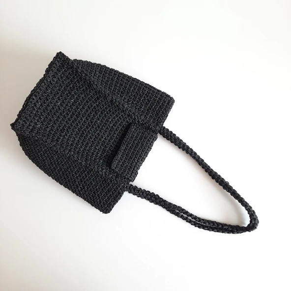 Elchandmade Tığ İşi Örgü Kağıt İp Siyah Çanta Tote Bag ürün görseli 1