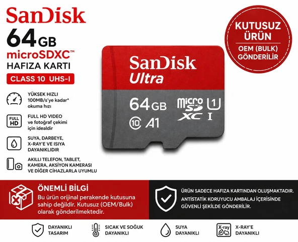 SanDisk 64GB Micro SDXC Hafıza Kartı Class 10 UHS-I 100MB/s OEM (Bulk) Orjinal KUTUSUZ ÜRÜN ürün görseli 1