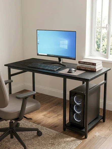 Siyah 140x60 Çalışma Masası, Bilgisayar Masası, Ofis Masası, Metal Ayaklı TEK RAFLI ürün görseli 1