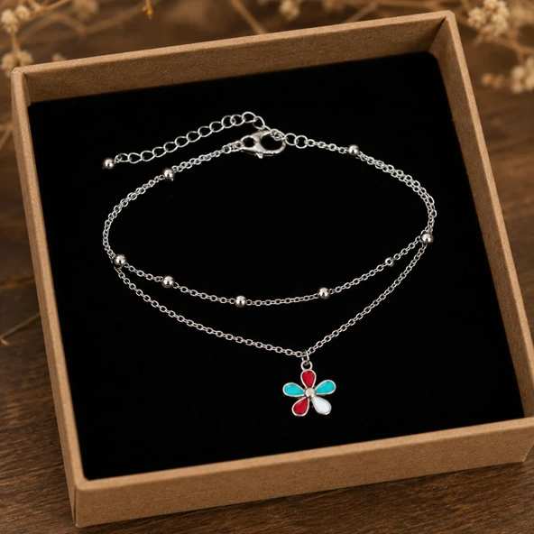 Daisy Bloom Anklet Renkli Papatya Çelik Halhal - Resim 3