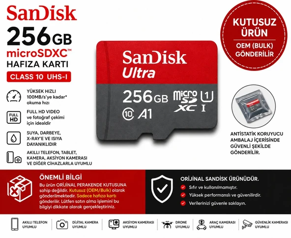 SanDisk 256GB Micro SDXC Hafıza Kartı Class 10 UHS-I 100MB/s OEM (Bulk) Orjinal KUTUSUZ ÜRÜN ürün görseli 1
