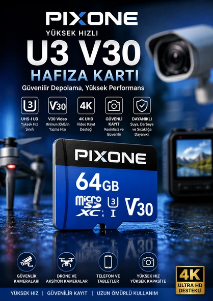 64 GB Hafıza Kartı Video Kayıt Destekli U3 V30 Kamera Hafıza Kartı ürün görseli 1
