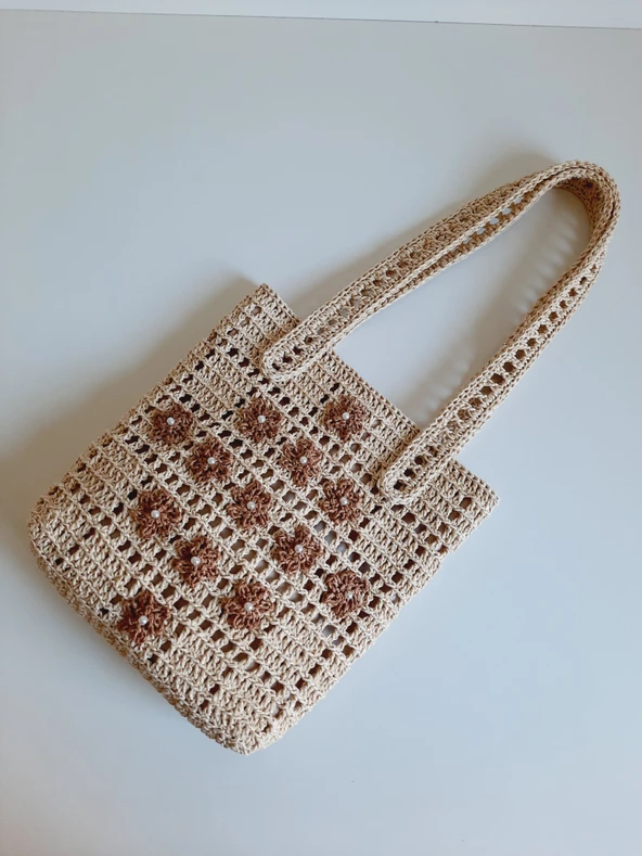 Elchandmade Kağıt İp İnci Ve Çiçek Detaylı Tığ İşi Örgü Çanta ürün görseli 1