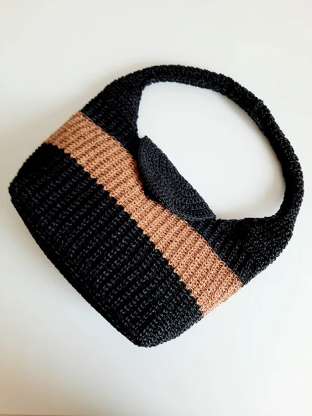 Elchandmade Tığ İşi Örgü Kağıt İp Siyah Kraft Çanta Tote Bag ürün görseli 1