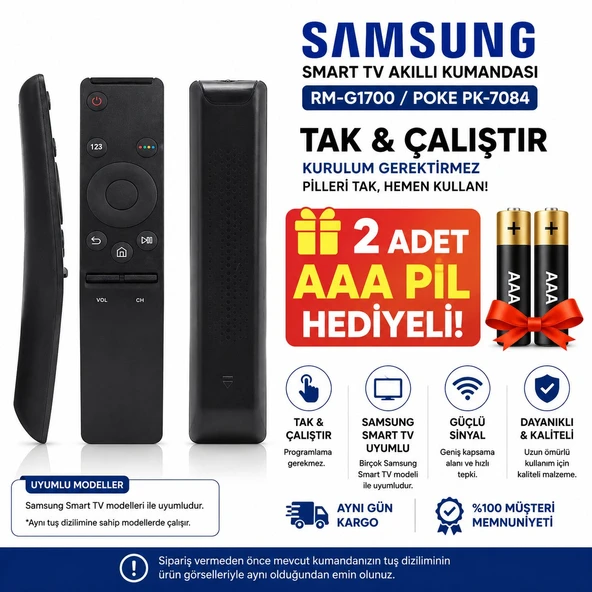 Samsung Smart TV Akıllı Kumandası Universal RM-G1700 Poke PK-7084 Tak & Çalıştır 2 Adet AAA Pil Hediyeli ürün görseli 1