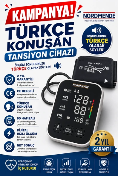 Türkçe Konuşan Şarjlı Dijital Tansiyon Aleti | Büyük LCD Ekran, Otomatik Kol Tipi, Hafızalı ürün görseli 1
