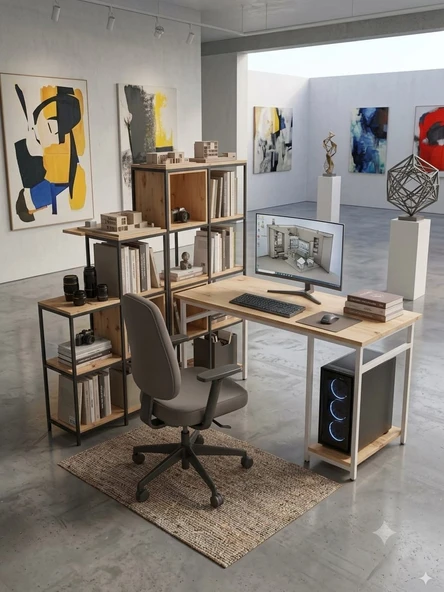 Çam/Beyaz 140x60 Çalışma Masası, Bilgisayar Masası, Ofis Masası, Metal Ayaklı TEK RAFLI ürün görseli 1