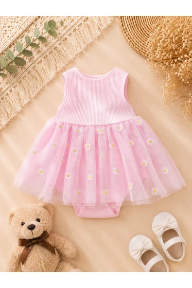 Kız Bebek Papatya Desenli Tüllü Body Elbise – Şık Tütü Elbise Görünümlü Çıtçıtlı Bebek Body ürün görseli 1