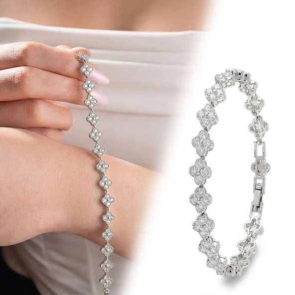 ? Premium Parlak Gümüş Renk 8 mm Zirkon Taş Çiçek Model Kadın Bijuteri Bileklik 3183KBV6D4 (~18cm) ürün görseli 1