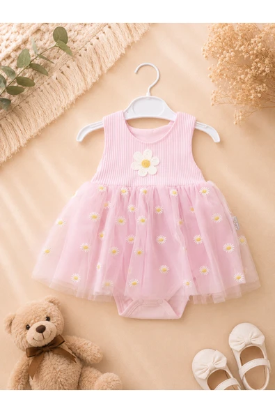 Kız Bebek Papatya Desenli Tüllü Body Elbise – Şık Tütü Elbise Görünümlü Çıtçıtlı Bebek Body ürün görseli 1