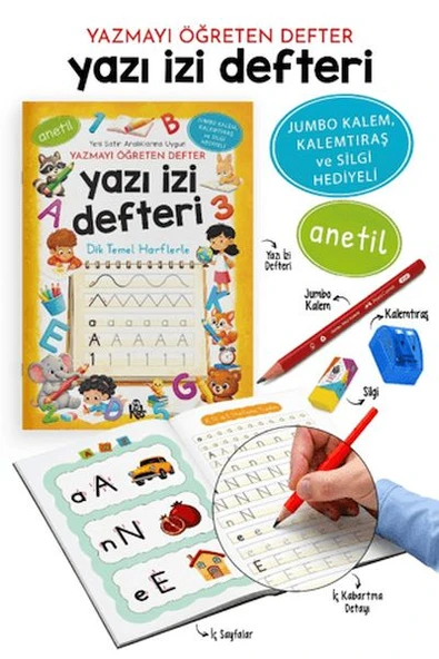 Yazı İzi Defteri - Yazmayı Öğreten Defter - Jumbo Kalem, Kalemtıraş ve Silgi Hediyeli ürün görseli 1