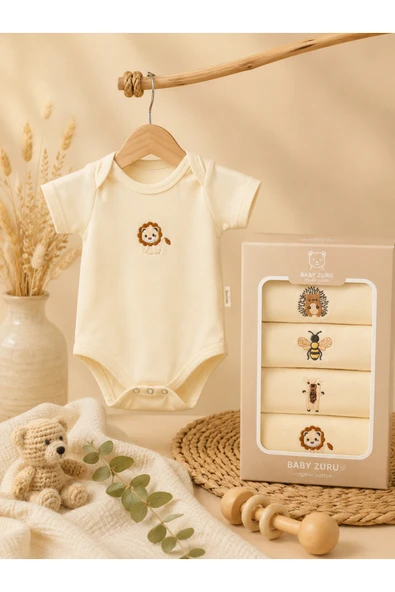 Organik Pamuk 4'lü Nakışlı Kısa Kol Bebek Zıbın Seti – Hediye Kutulu Body Seti ürün görseli 1