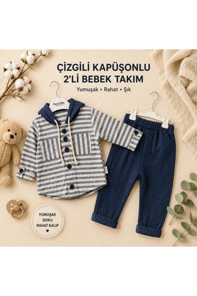 Erkek Bebek Kapüşonlu Müslin Takım - Çizgili Gömlek ve Pantolon Seti ürün görseli 1