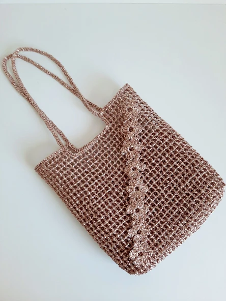 Elchandmade Tığ İşi Örgü Parlak Rose İç Çantalı Çiçekli File Çanta ürün görseli 1