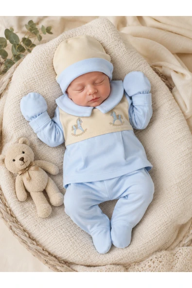 Erkek Bebek 5'li Hastane Çıkışı Seti – Sallanan At Nakışlı Yenidoğan Pamuklu Bebek Takımı ürün görseli 1