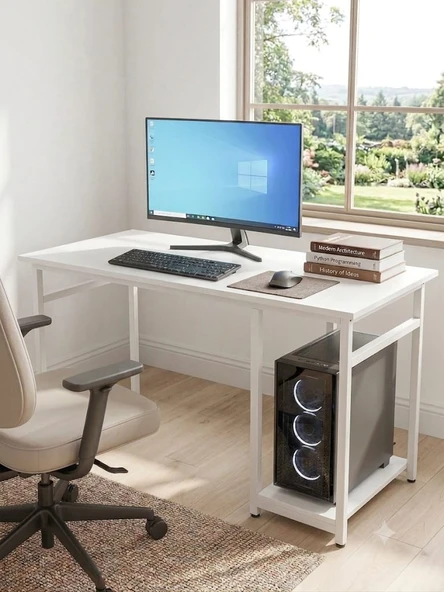 Beyaz 140x60 Çalışma Masası, Bilgisayar Masası, Ofis Masası, Metal Ayaklı TEK RAFLI ürün görseli 1