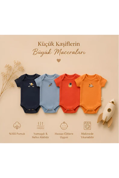 Uzay Temalı 4'lü Erkek Bebek Body Zıbın Seti ürün görseli 1