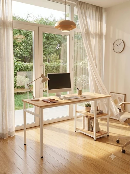 Çam/Beyaz 140x60 Çalışma Masası, Bilgisayar Masası, Ofis Masası, Metal Ayaklı 2 RAFLI ürün görseli 1