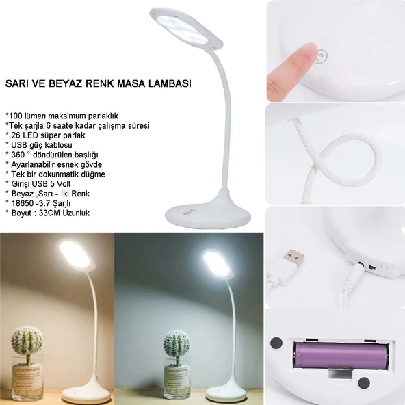 Şarjlı Sarı Ve Beyaz Renk Masa Lambasi Wt-005 ürün görseli 1