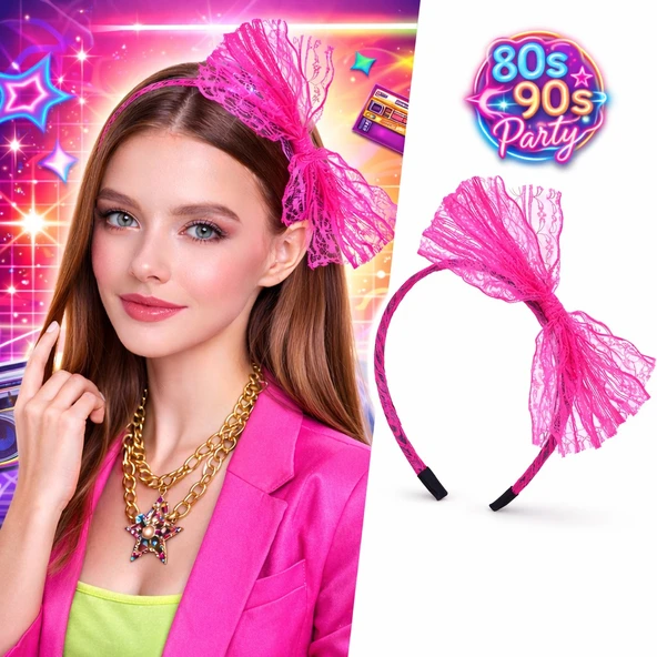 80’ler 90’lar Neon Pembe Dantel Taç Fiyonklu ürün görseli 1