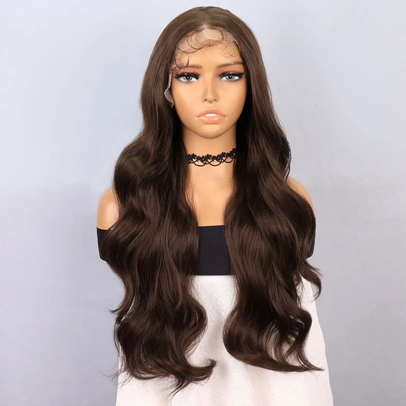 Koyu Kumral Fiber Sentetik Front Lace Tül Peruk ürün görseli 1