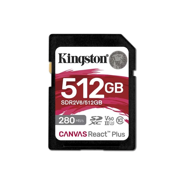 Kingston SDR2V6-512GB Canvas React Plus SDXC UHS-II 280R-150W U3 V60 for Full HD-4K SD Hafıza Kartı ürün görseli 1