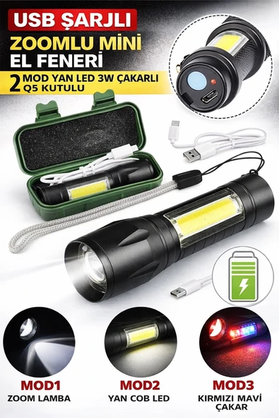 USB Şarjlı Zoomlu Mini El Feneri 3 Mod Yan COB LED Çakar Q5 Güçlü Işık Kutulu ürün görseli 1