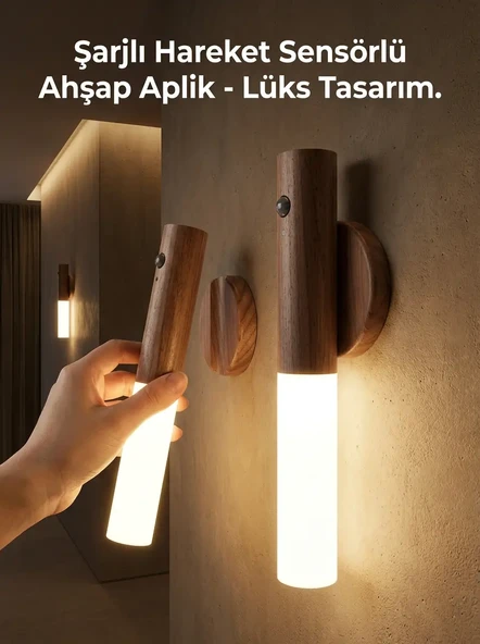 Kablosuz Şarjlı LED Ahşap Renk Lüks Aplik Hareket Sensörlü Günışığı Duvar Lambası ürün görseli 1
