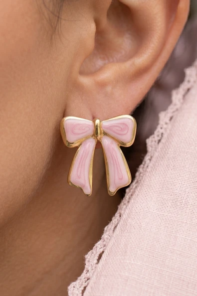 Gold Pembe Mineli Geniş Kurdele Premium Çelik Küpe ürün görseli 1
