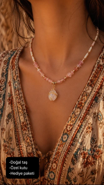 Doğal Taş Pembe Kuvars ve Jade Taşlı Bohem Deniz Esintili El Yapımı Kadın Kolye ürün görseli 1